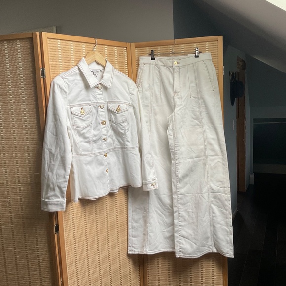 CHICO’S No Stain Peplum Denim Jacket & matching High Rise Palazzo Jeans NWT - Picture 4 of 16